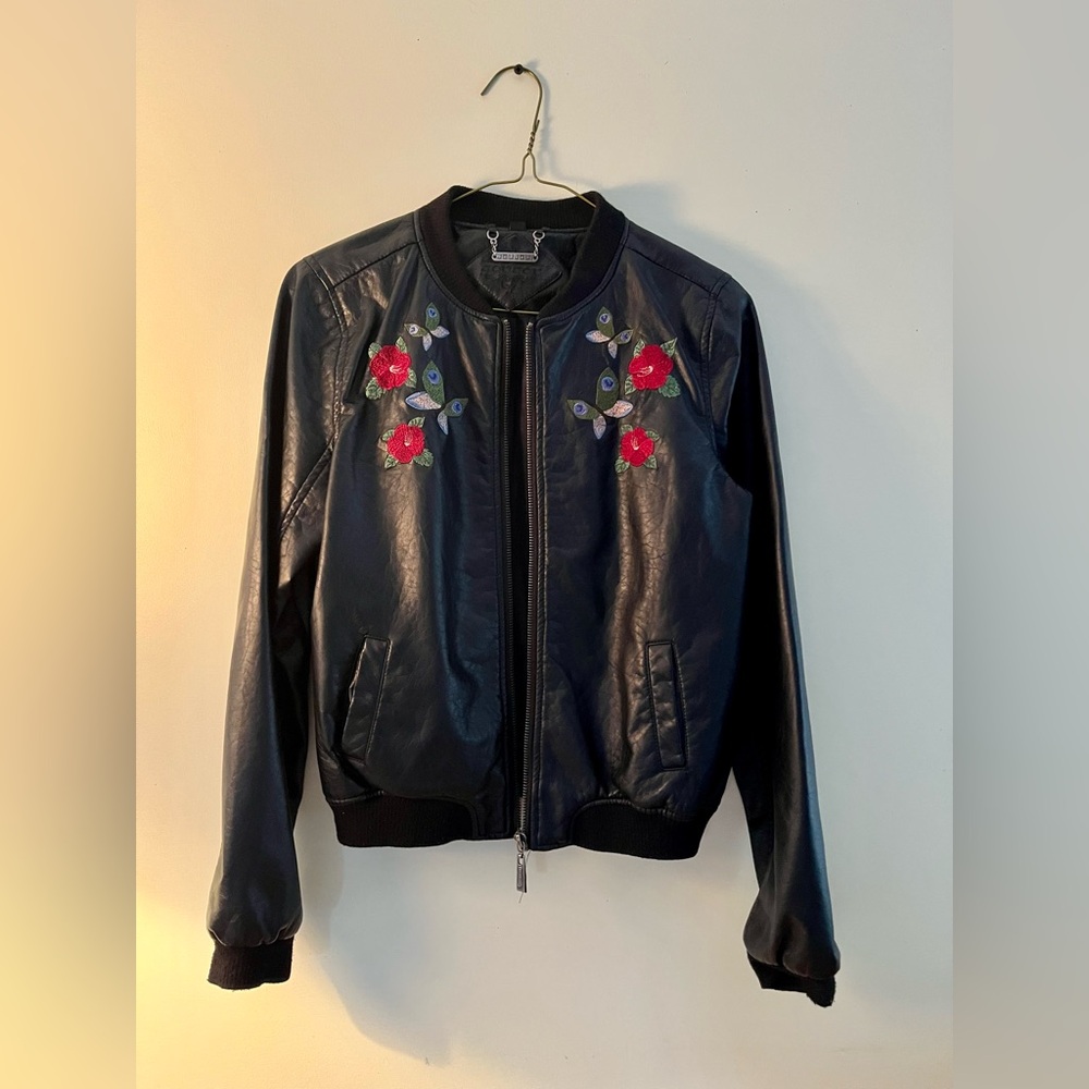 Jou Jou XL (Girl) Bomber Faux Leather Jacket with Floral Embroidery